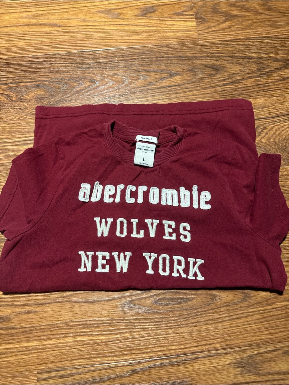 Abercrombie Kids Embroidered Wolves New York T-Shirt Youth Large Burgundy